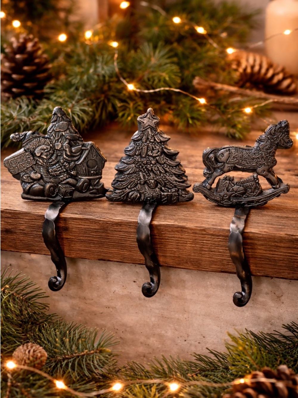 Vtg Grandeur Noel Metal Stocking Holders Christmas Tree Snowman Rocking Horse
